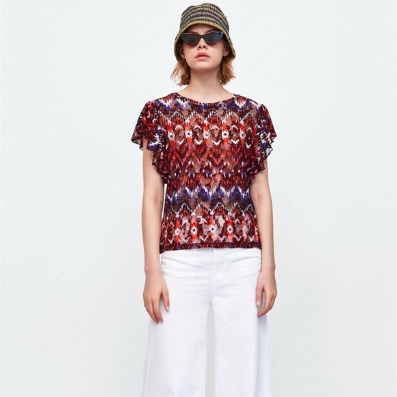 NWT - Zara Printed Lace Top Short Ruffled Sleeves - Picture 7 of 8